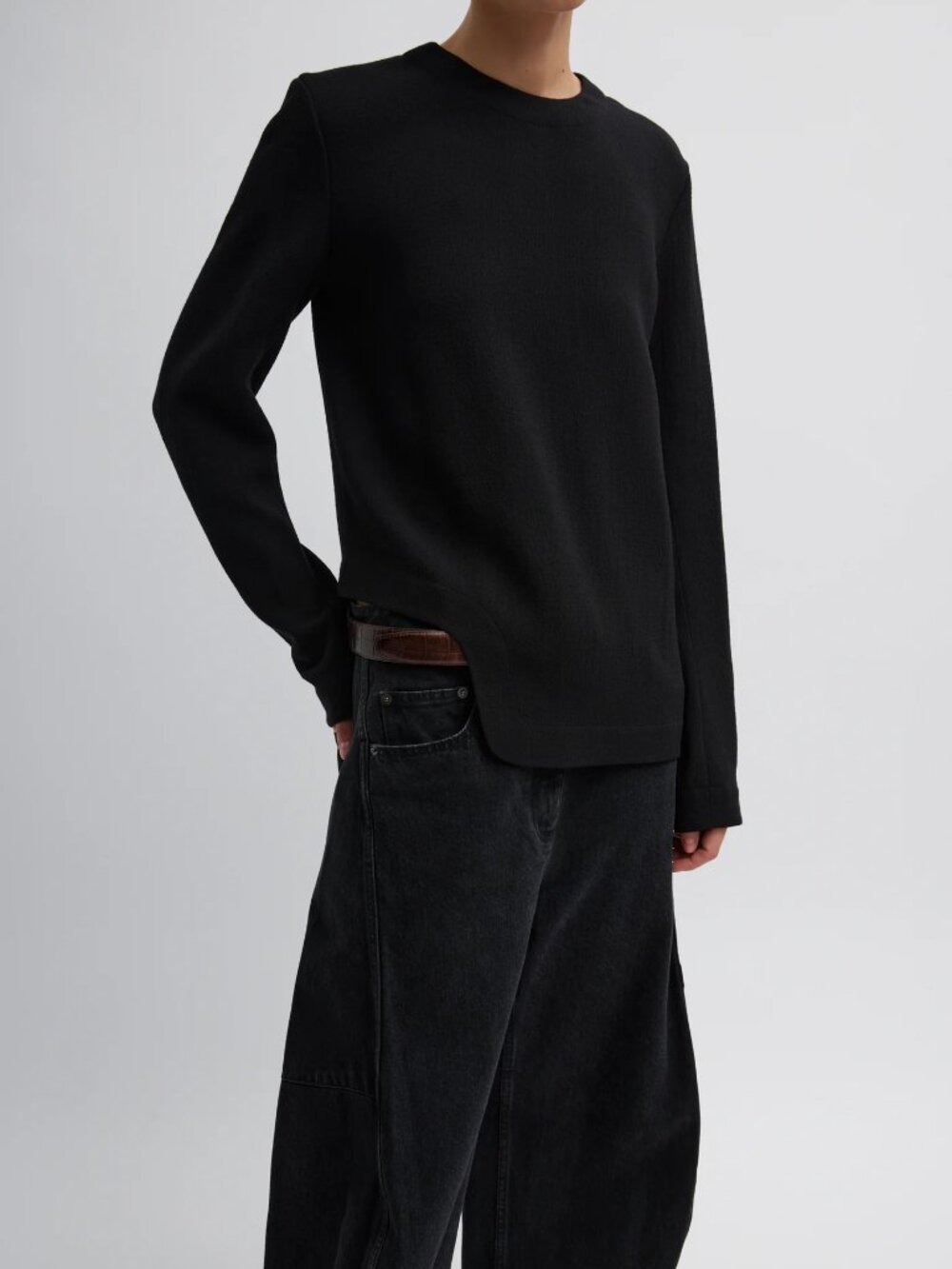 Tibi Melee Crepe Long Sleeve Top Black Italian Wool Crepe Size 12